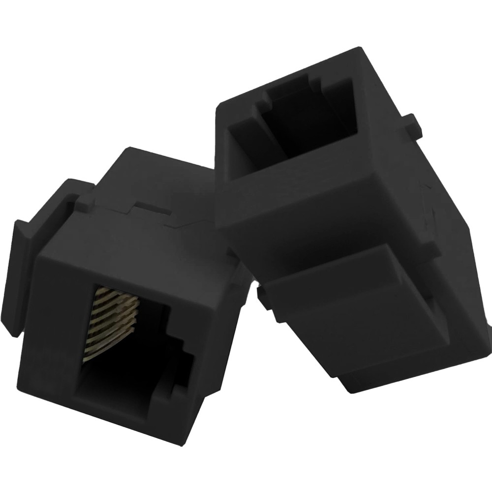 Due accoppiatori RJ45 neri. Uno angolato verso la fotocamera. Sfondo bianco.