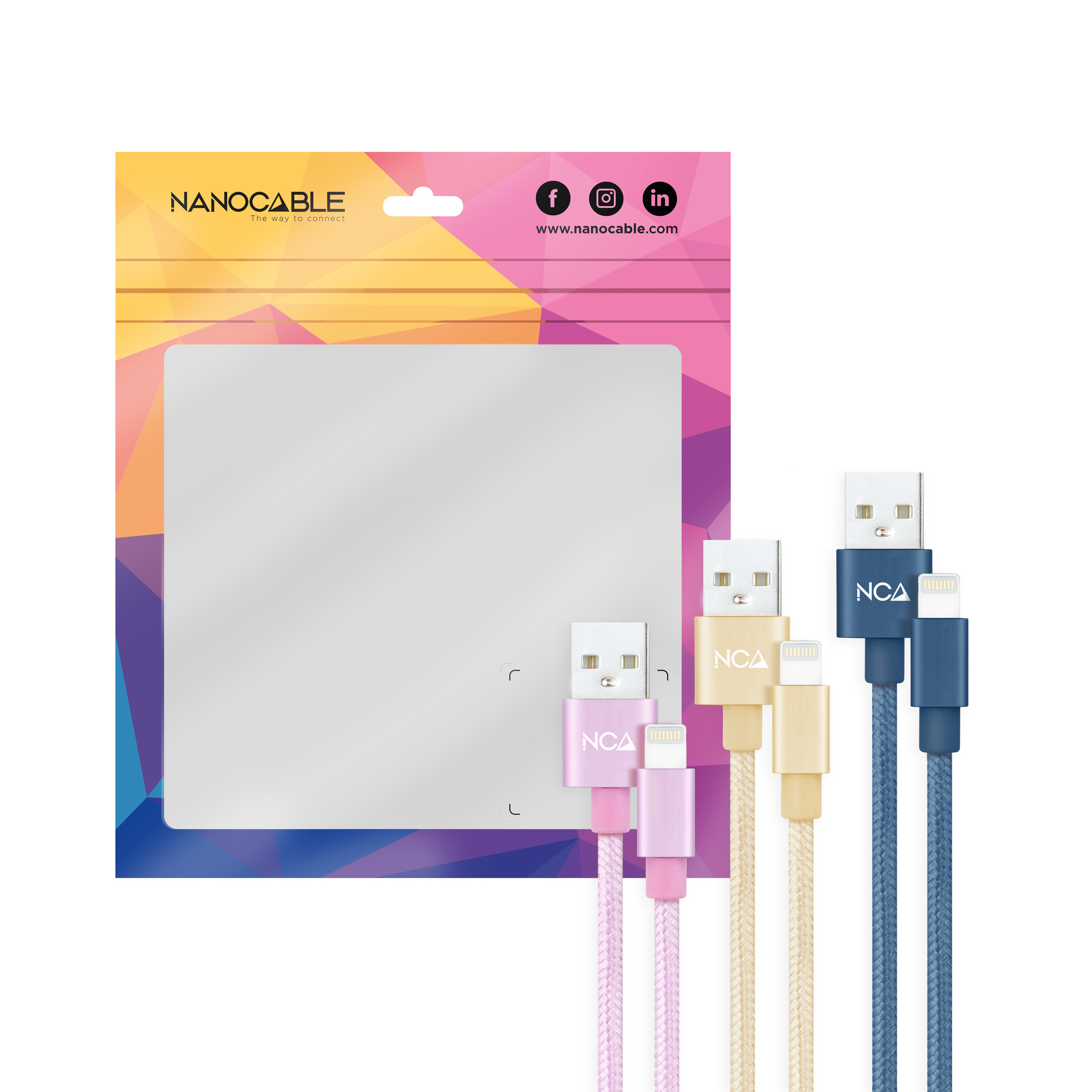 Un'esposizione di prodotti di diversi cavi USB con diversi connettori e colori.