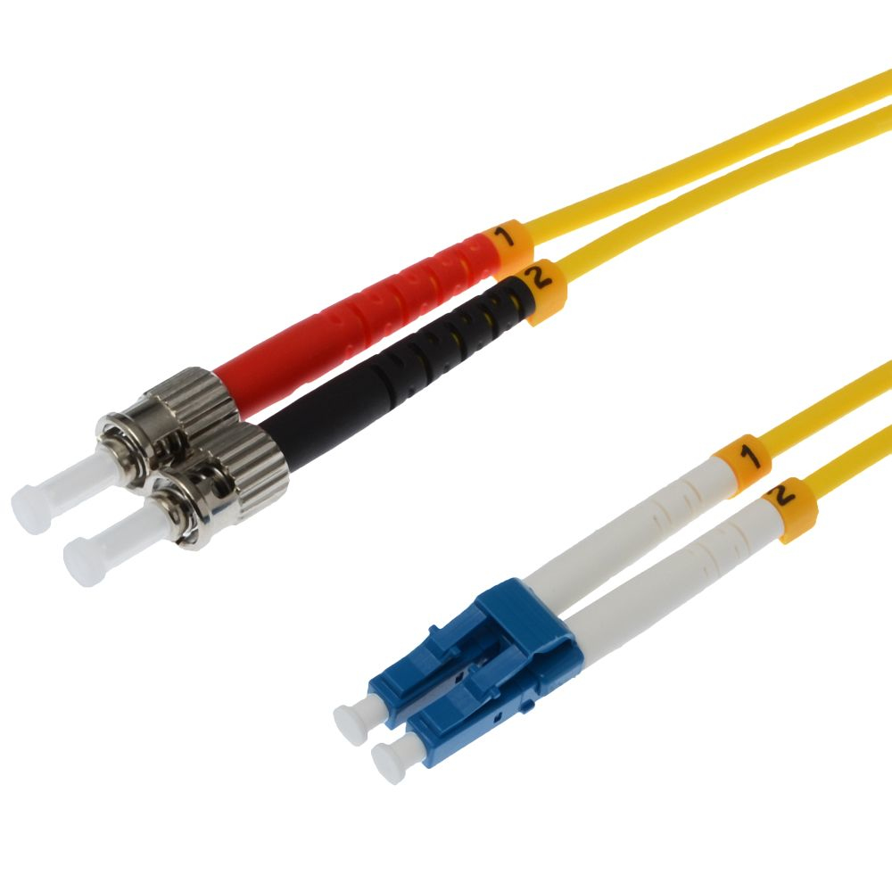 Due cavi in fibra ottica. Un'estremità ha connettori rossi/neri, l'altra blu/bianchi. Sfondo bianco.