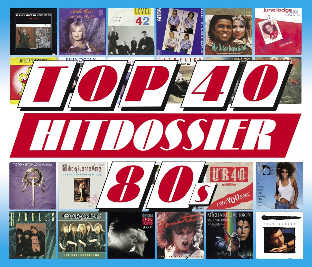 Omslag van een 80's compilatiealbum. Verschillende albumhoezen zijn gerangschikt rond een rode 'TOP 40 80s' tekst.
