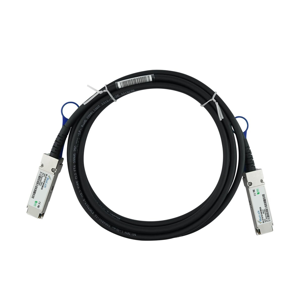 Cavo SFP+ nero con connettori blu ad entrambe le estremità, arrotolato, sfondo bianco.