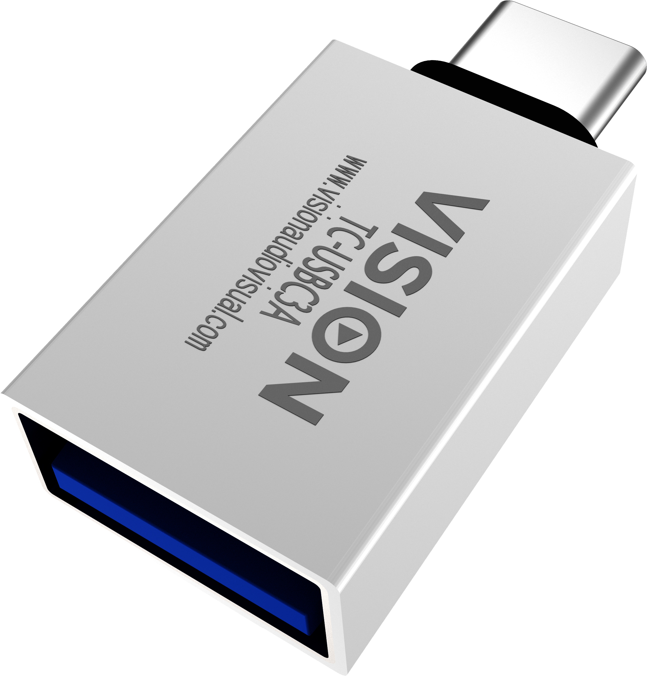 Adattatore USB-C argentato con logo 'VISION' e connettore USB-C, sfondo bianco.