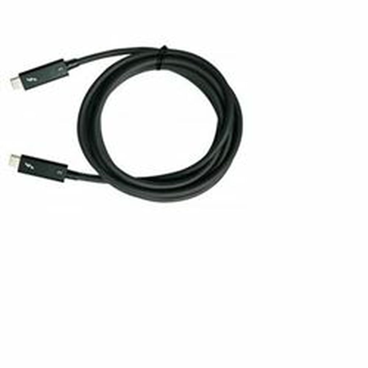 Cable negro con dos conectores en cada extremo. El cable está enrollado. Fondo blanco. Los conectores son negros.