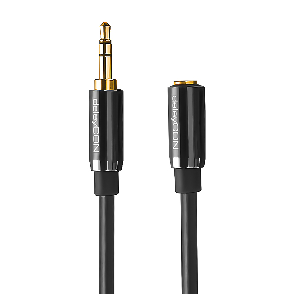Schwarzes Audiokabel mit Goldsteckern und dem Markennamen 'deleyCON'.
