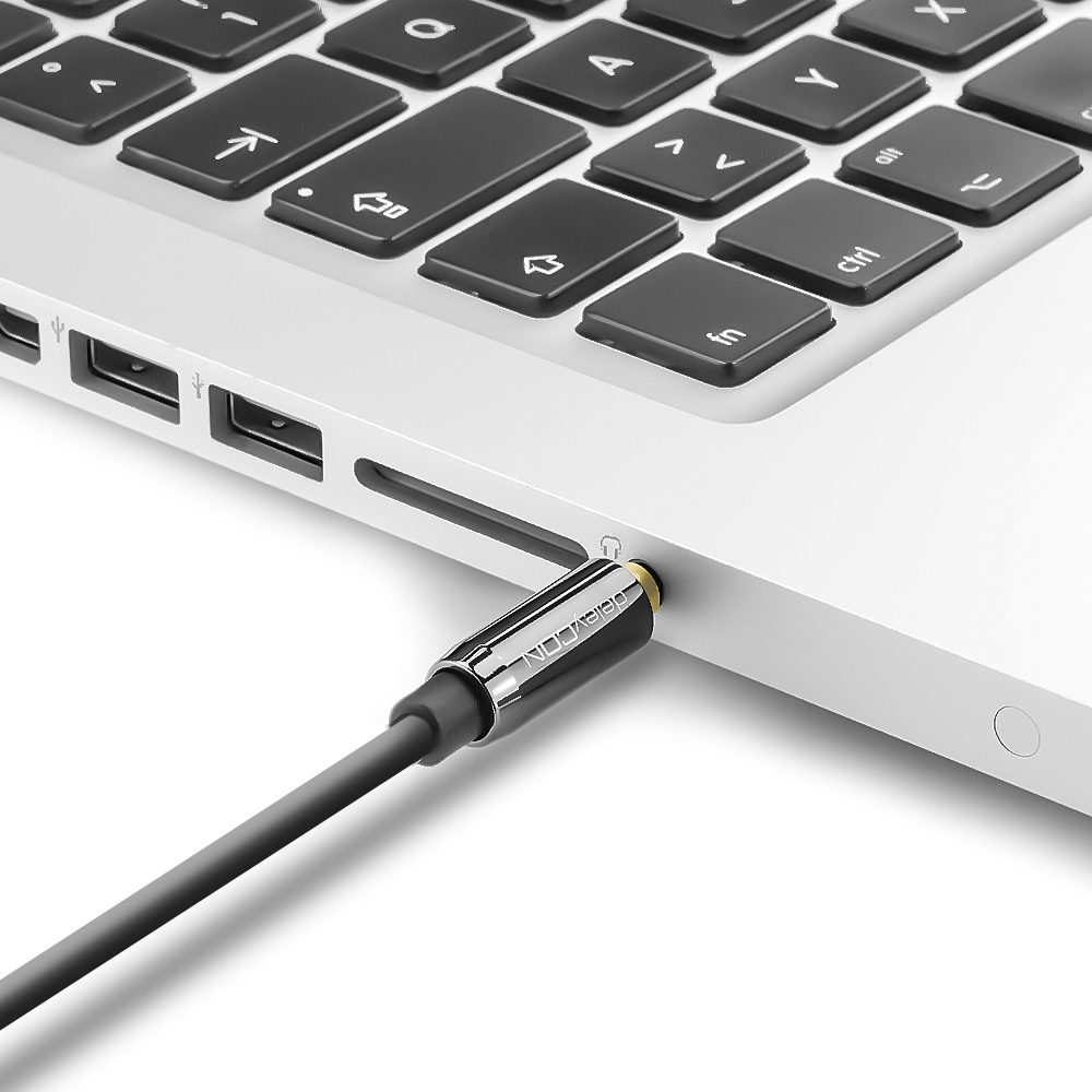 Ein Laptop mit angeschlossenem schwarzen Audiokabel. Das Kabel hat einen Goldstecker.