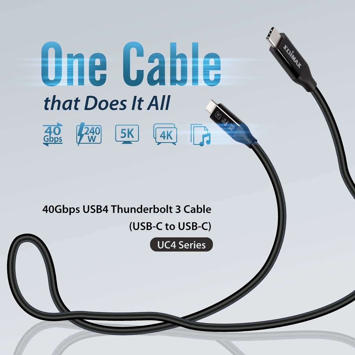 Czarny kabel USB-C z niebieskimi akcentami i tekstem, białe tło. Tekst: One Cable that Does It All.