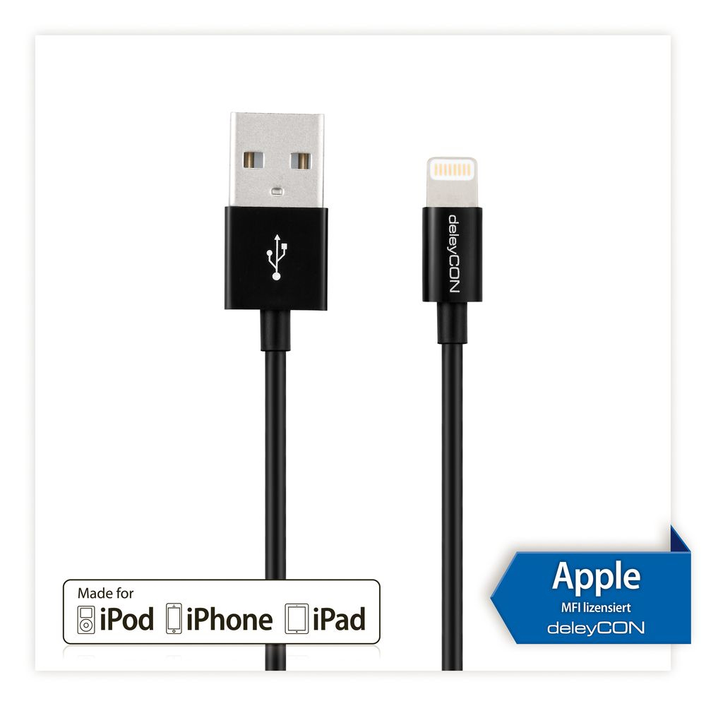 Czarny kabel USB do Lightning, białe tło, logo Apple.