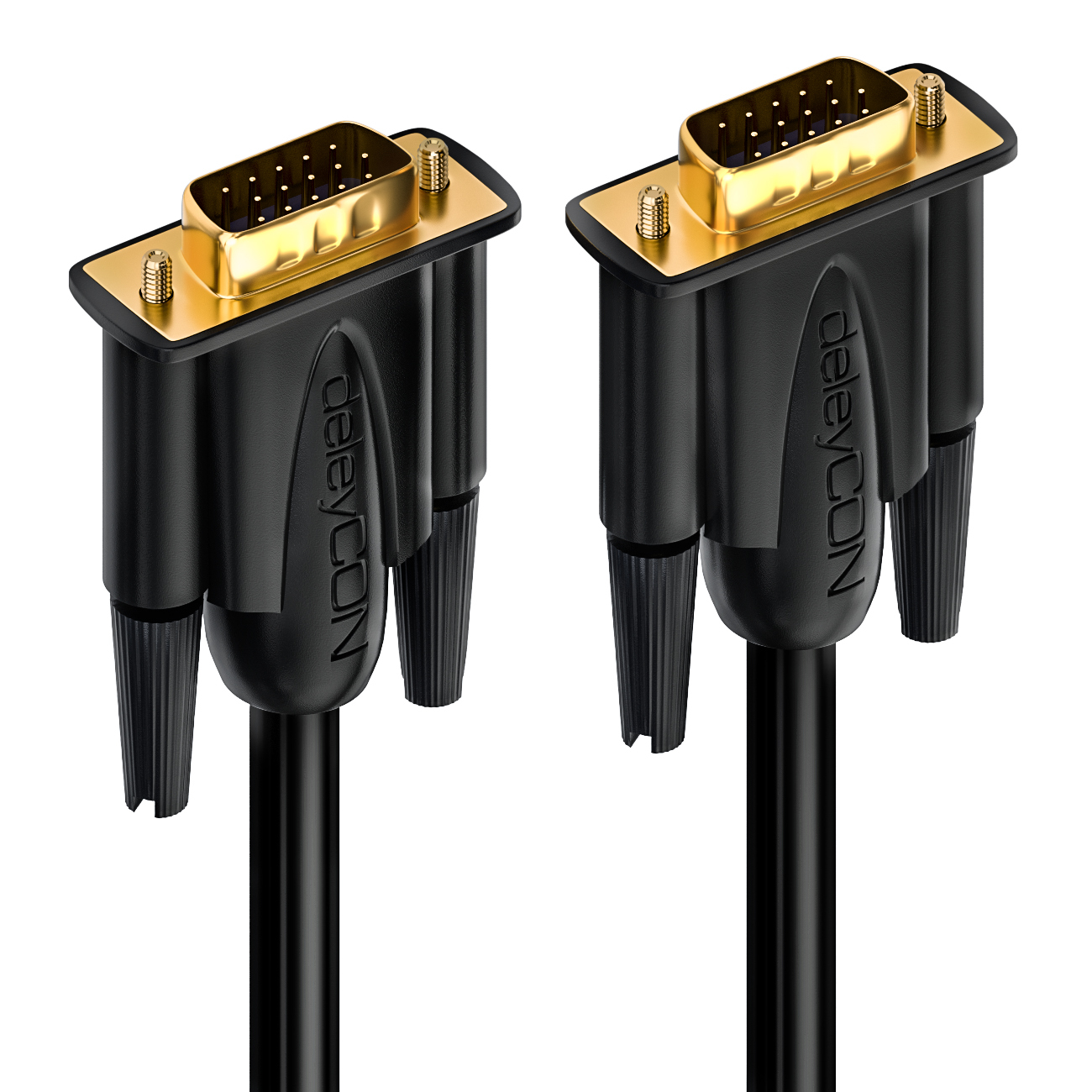 Zwei schwarze VGA-Kabel mit Goldsteckern, weißer Hintergrund.