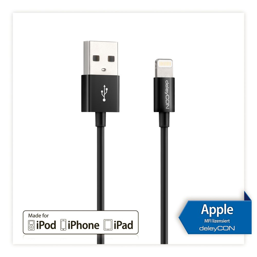 Czarny kabel USB do Lightning, białe tło, logo Apple.