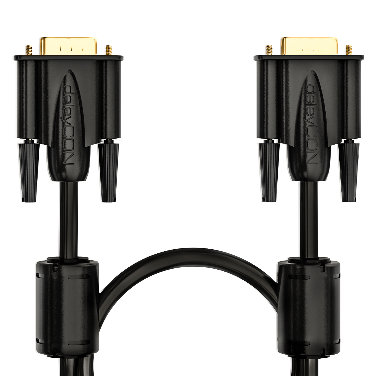 Schwarzes DVI-Kabel mit vergoldeten Steckern. Das Kabel ist gebogen. Weißer Hintergrund.