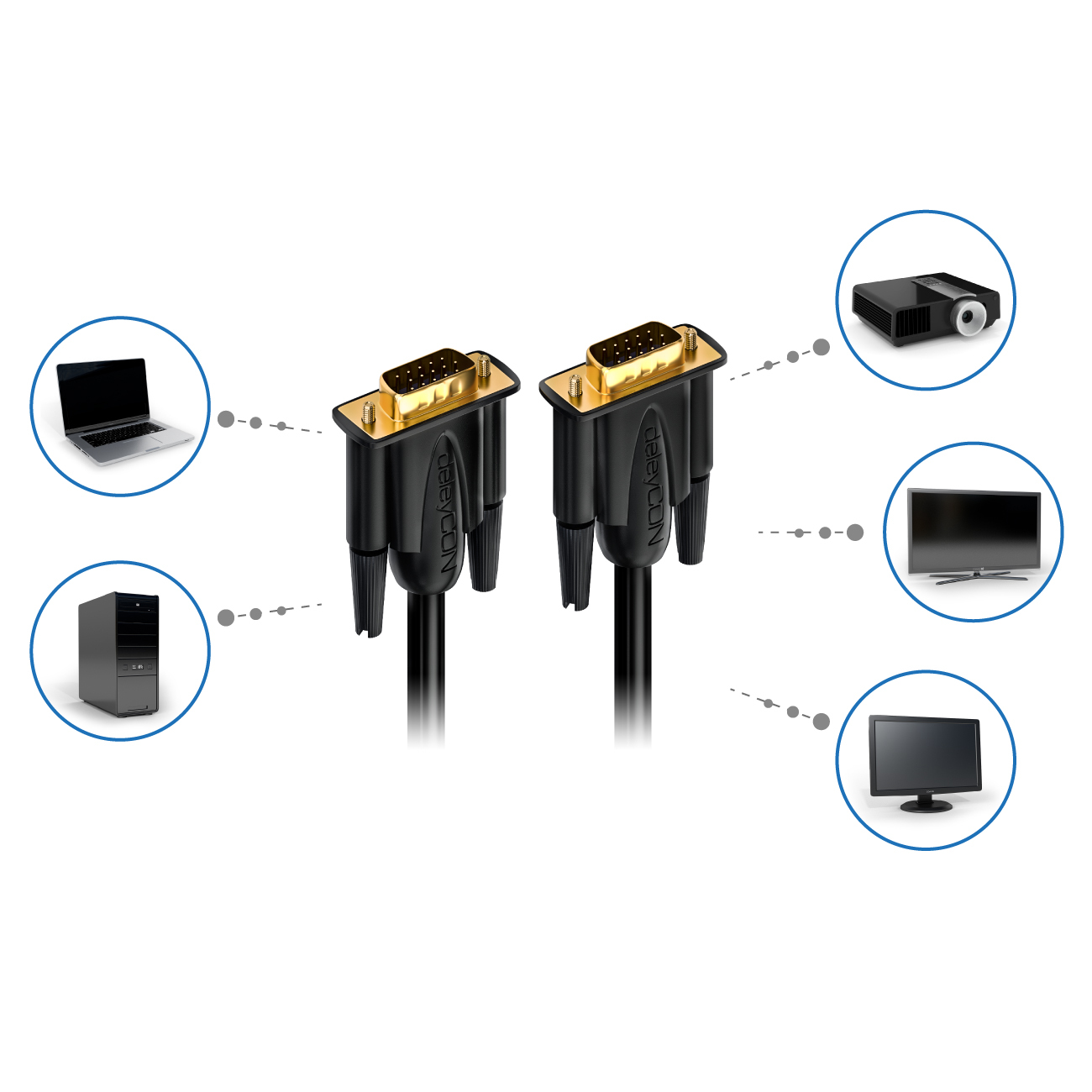 Zwei schwarze DVI-Kabel mit Goldsteckern und Computergeräte-Icons. Weißer Hintergrund.