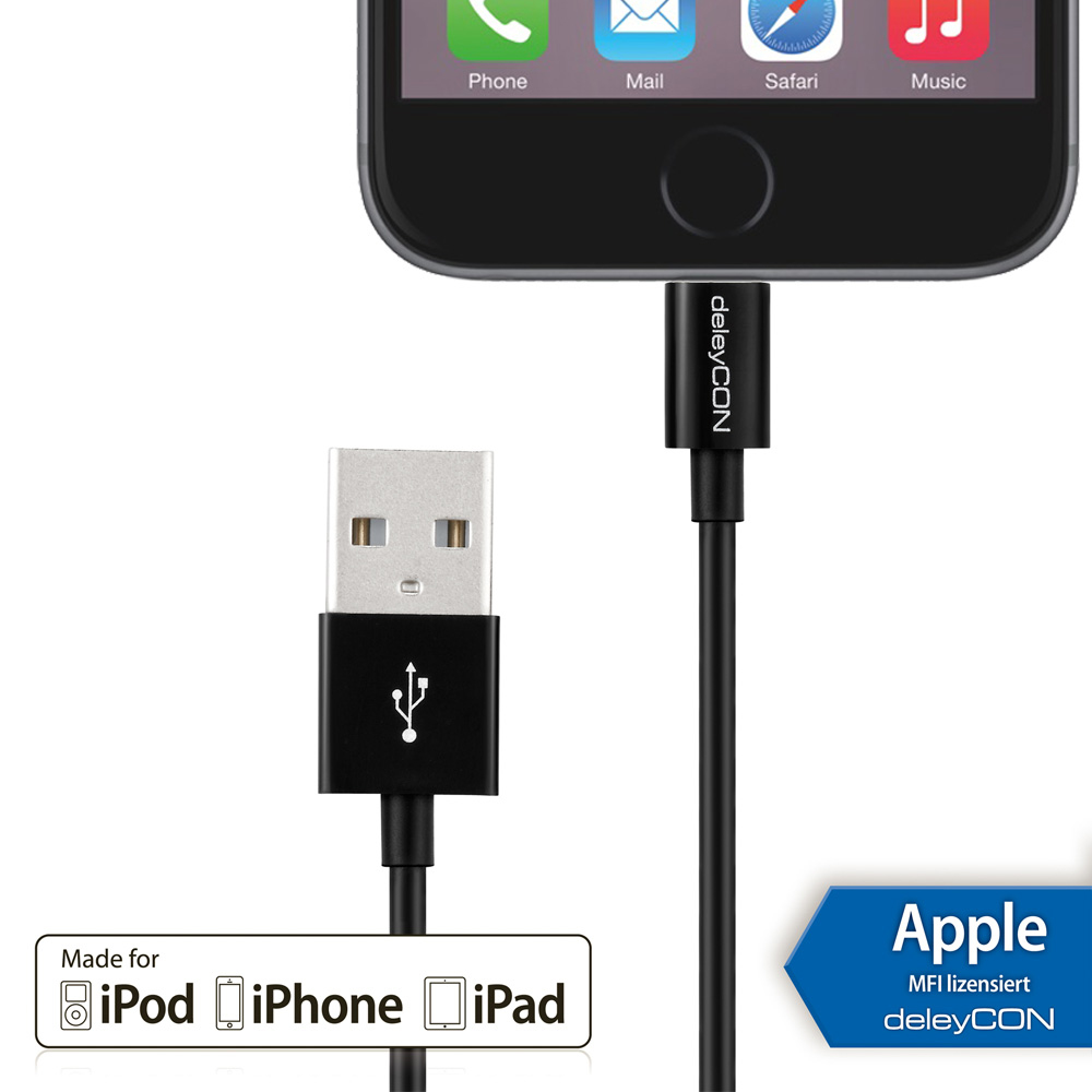 Czarny kabel ze złączami USB i Lightning, podłączony do iPhone'a. Białe tło.