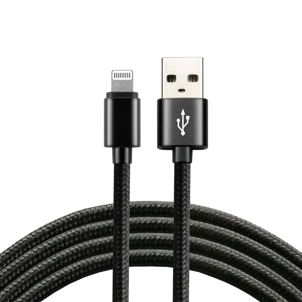 Cavo USB nero con connettore Lightning. Sfondo bianco.