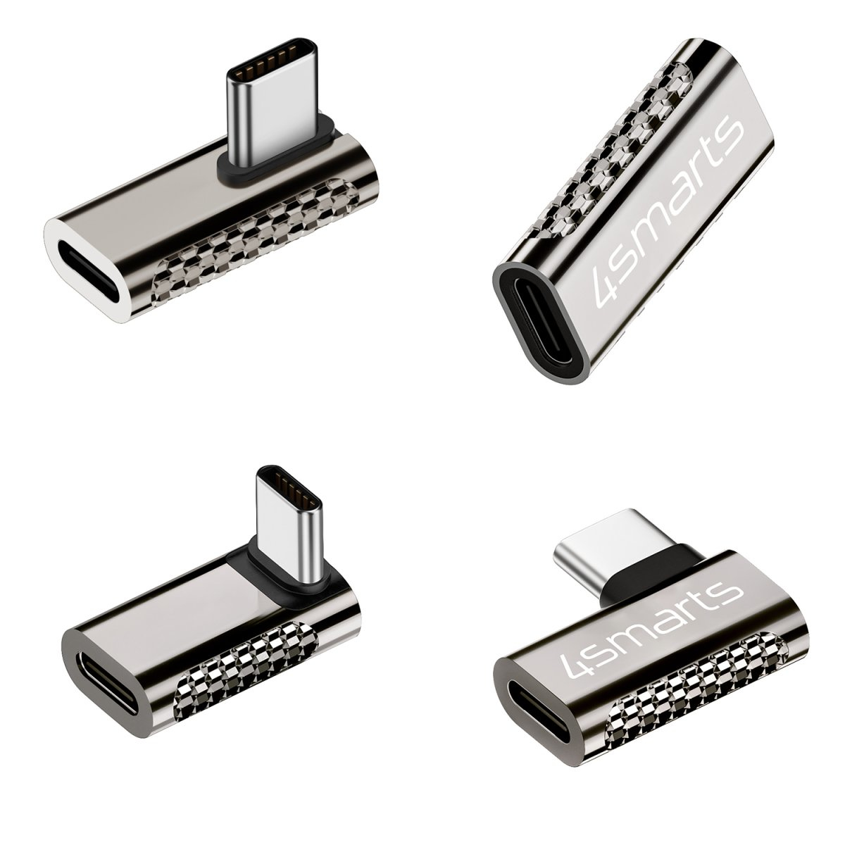 Quattro adattatori USB-C argentati con il marchio 