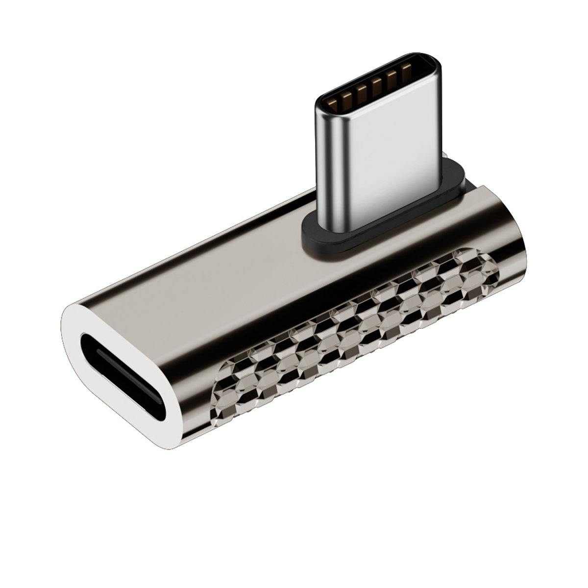 Adattatore USB-C argento e nero, angolato, con un lato a nido d'ape, su sfondo bianco.