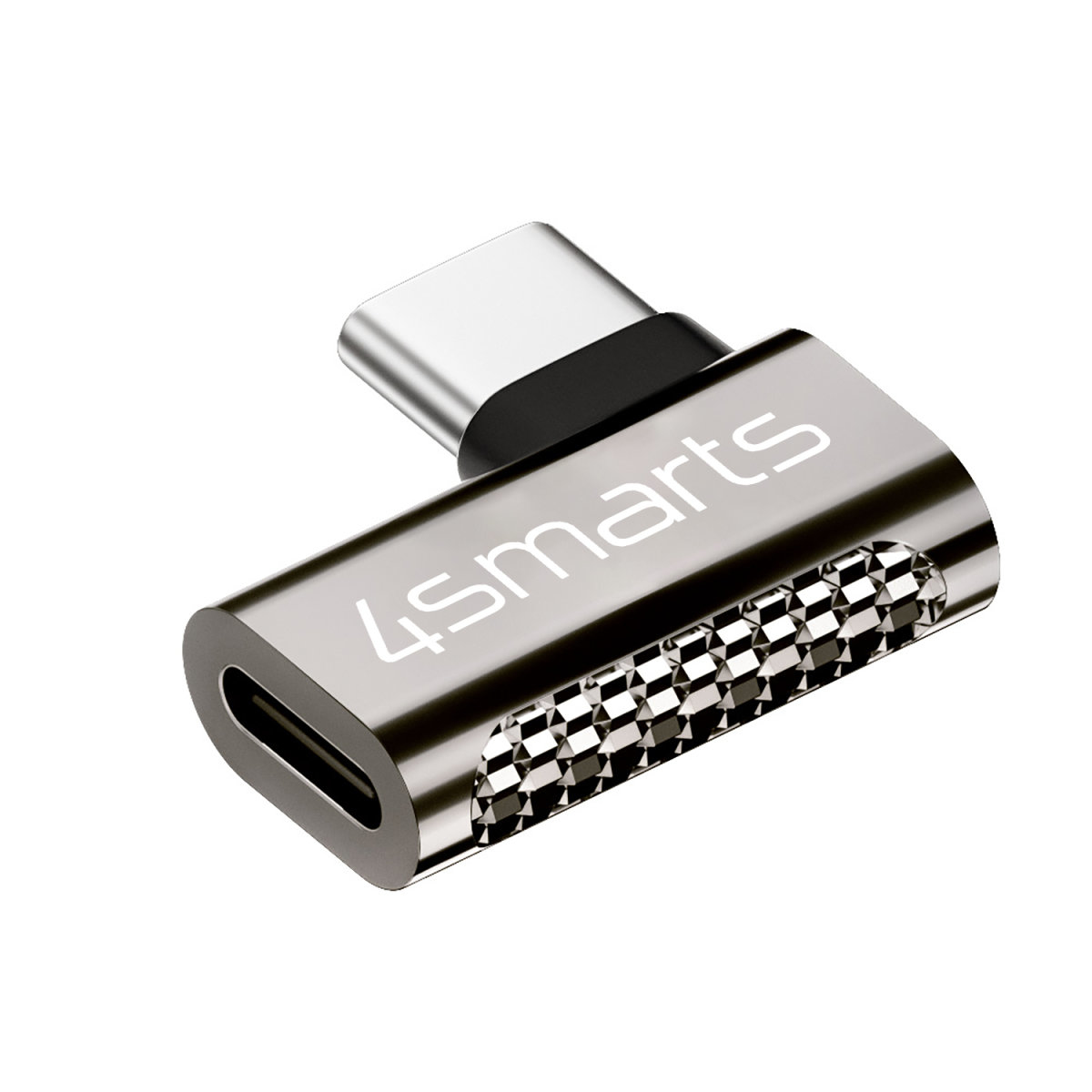Adattatore angolato USB-C a USB-C argentato, con scritto '4smarts' e un design a scacchi.