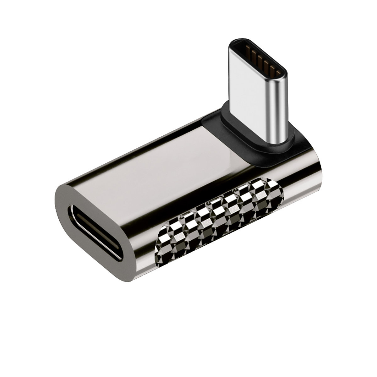 Un adattatore argento da USB-C a USB-C. Ha un design ad angolo retto, con un motivo a scacchiera.