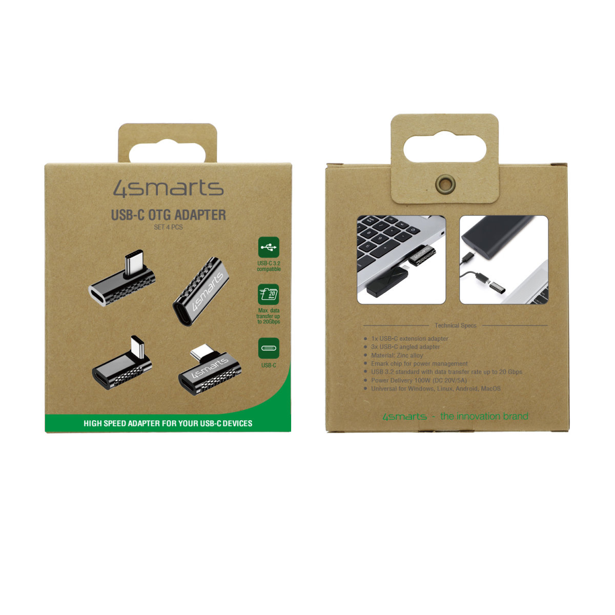 Confezione di un adattatore USB-C OTG con più adattatori e specifiche tecniche.