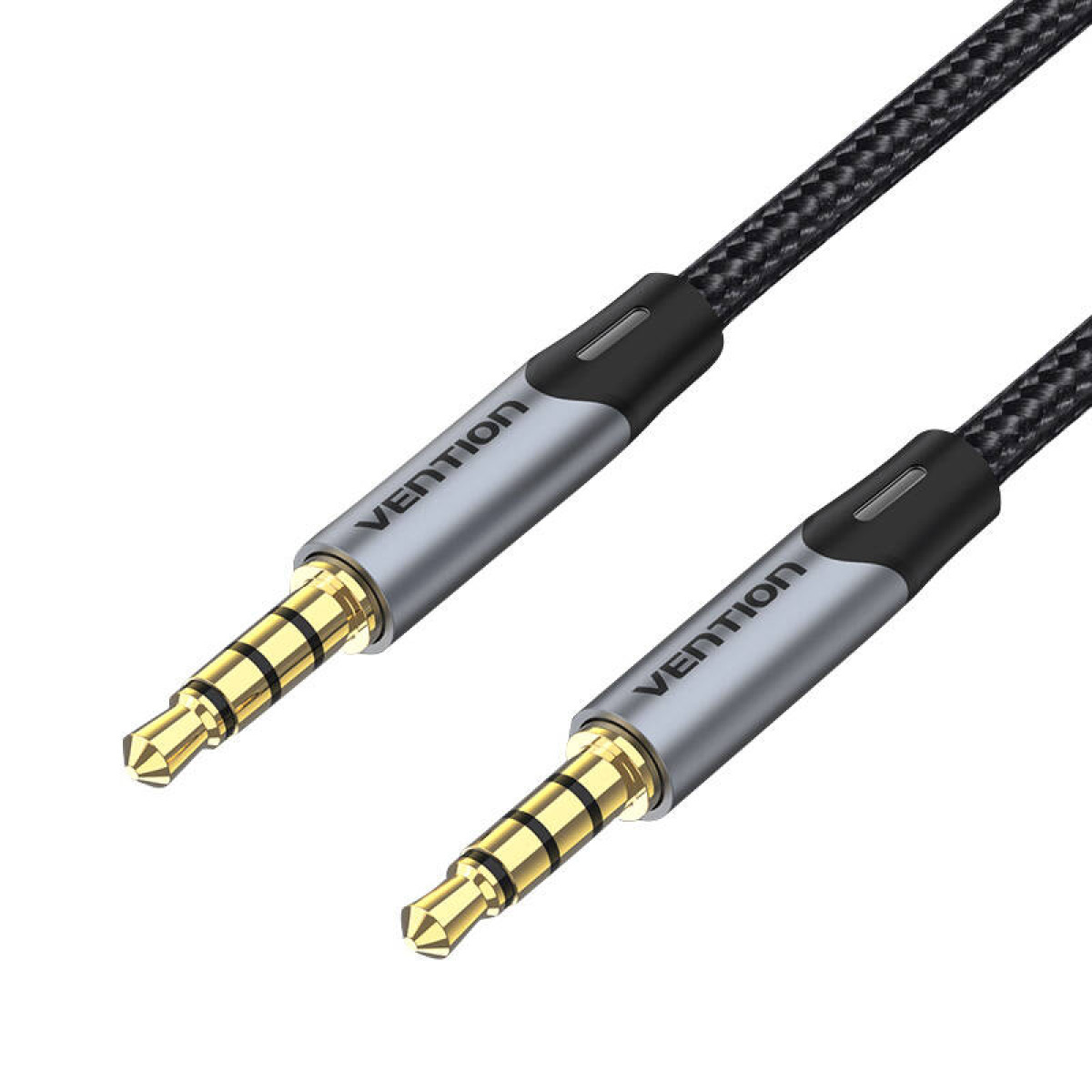 Due cavi audio neri e grigi con etichette VENTION e jack audio dorati su sfondo bianco.