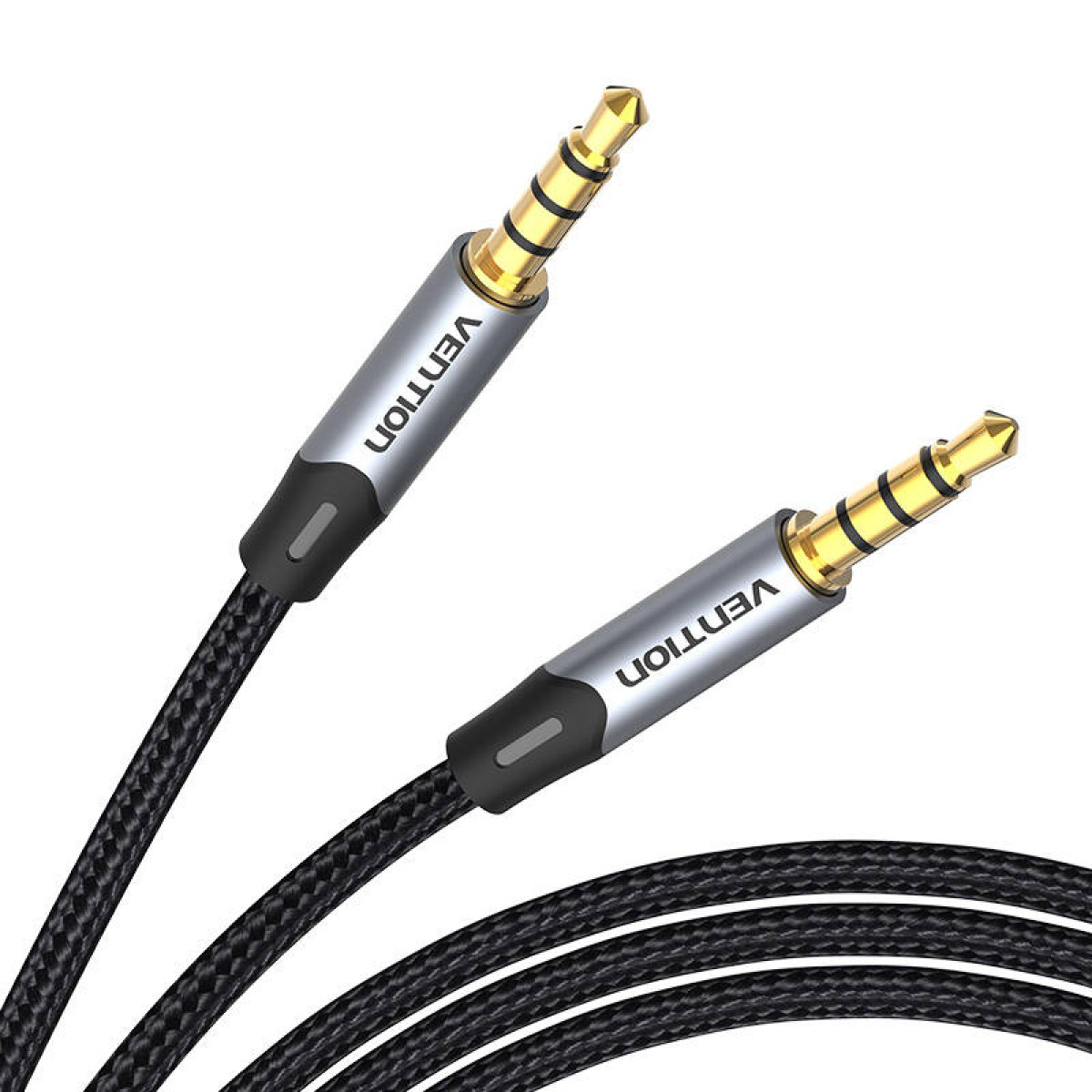 Due cavi audio neri con jack dorati ed etichette VENTION su sfondo bianco.
