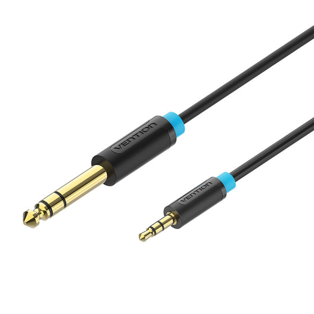 Cavo audio nero con connettori dorati e argentati. "VENTION" è stampato sul cavo.