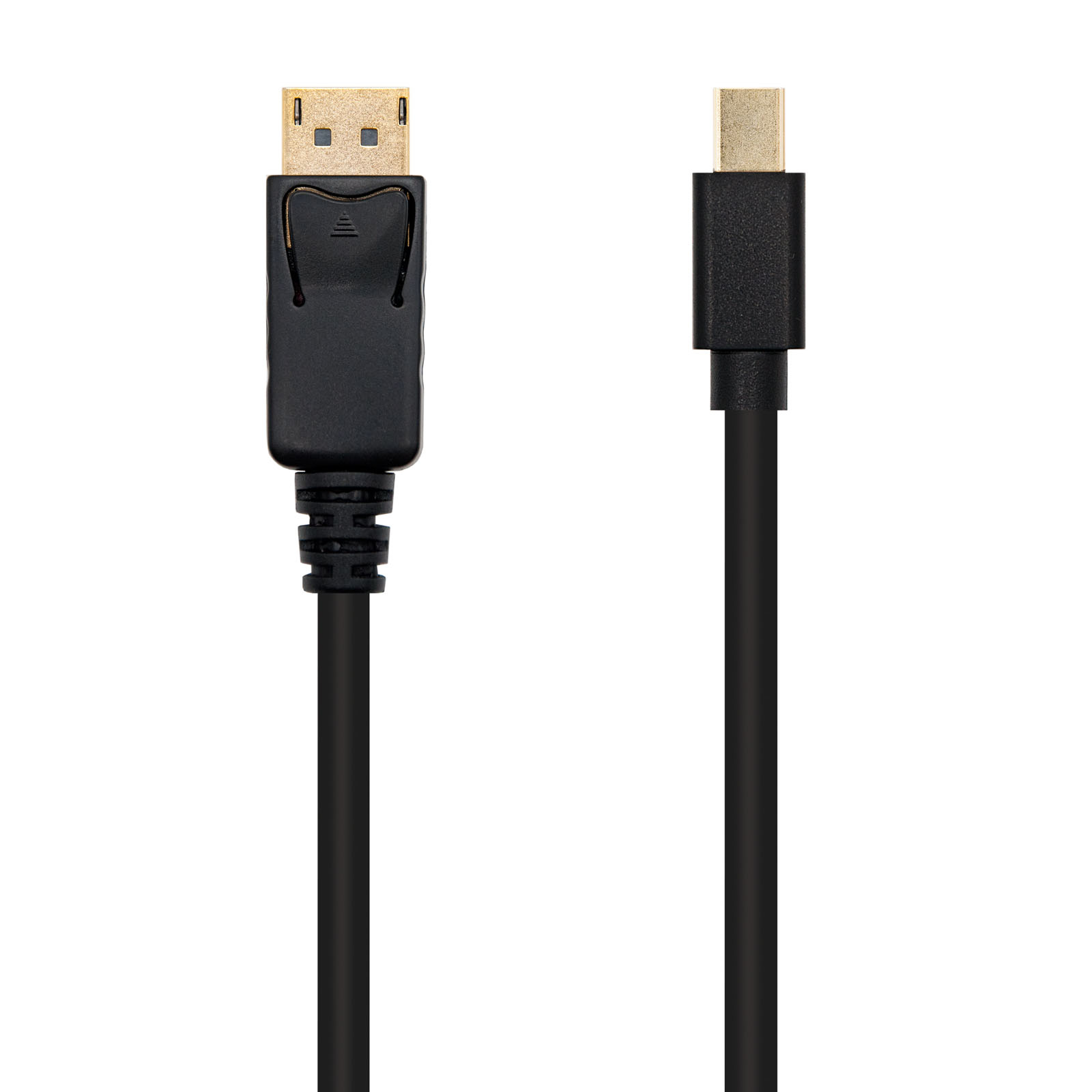 Zwarte DisplayPort-kabel met gouden connectoren. Eén uiteinde heeft een USB-C-connector.