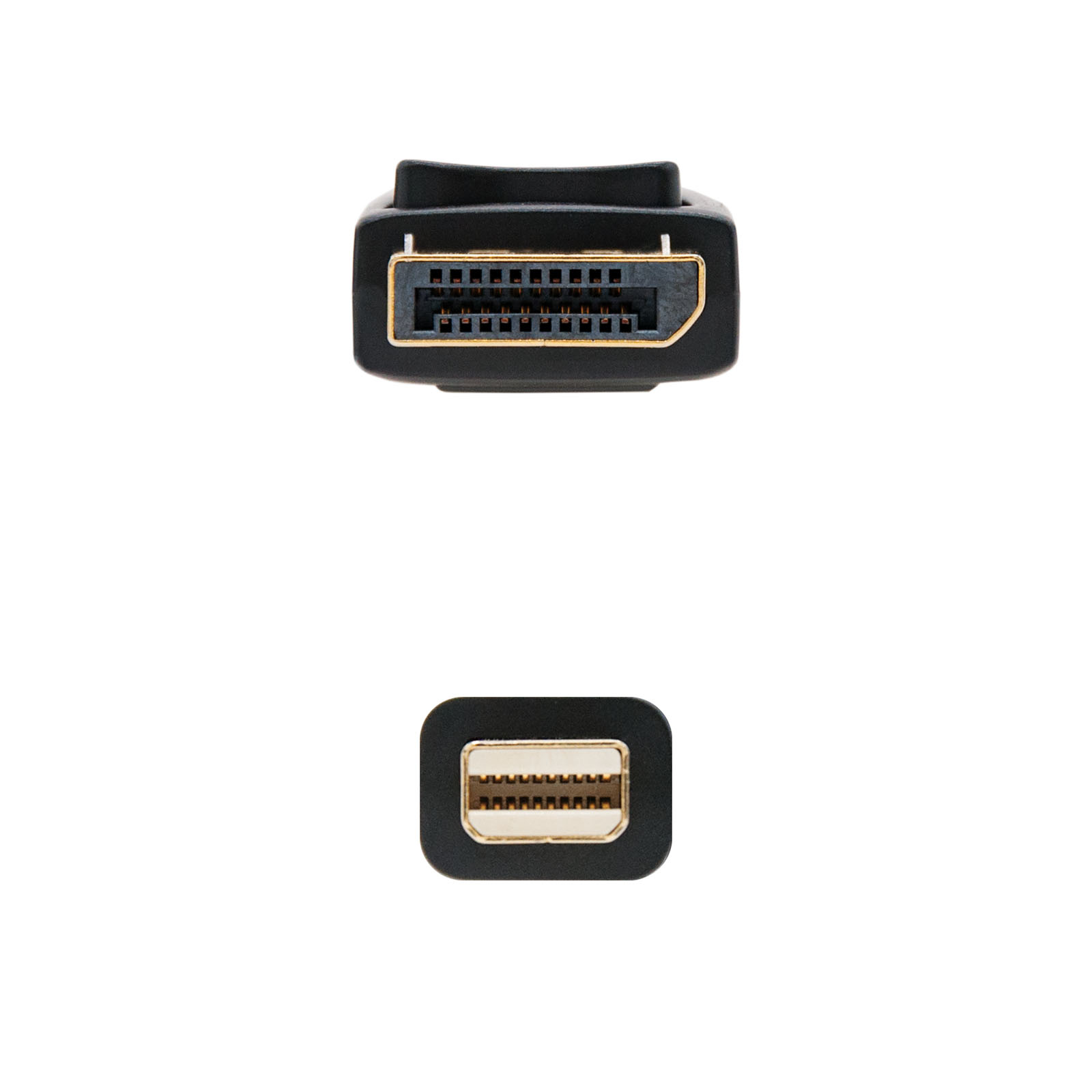 Twee zwarte DisplayPort-connectoren, die de voor- en achterkant laten zien.