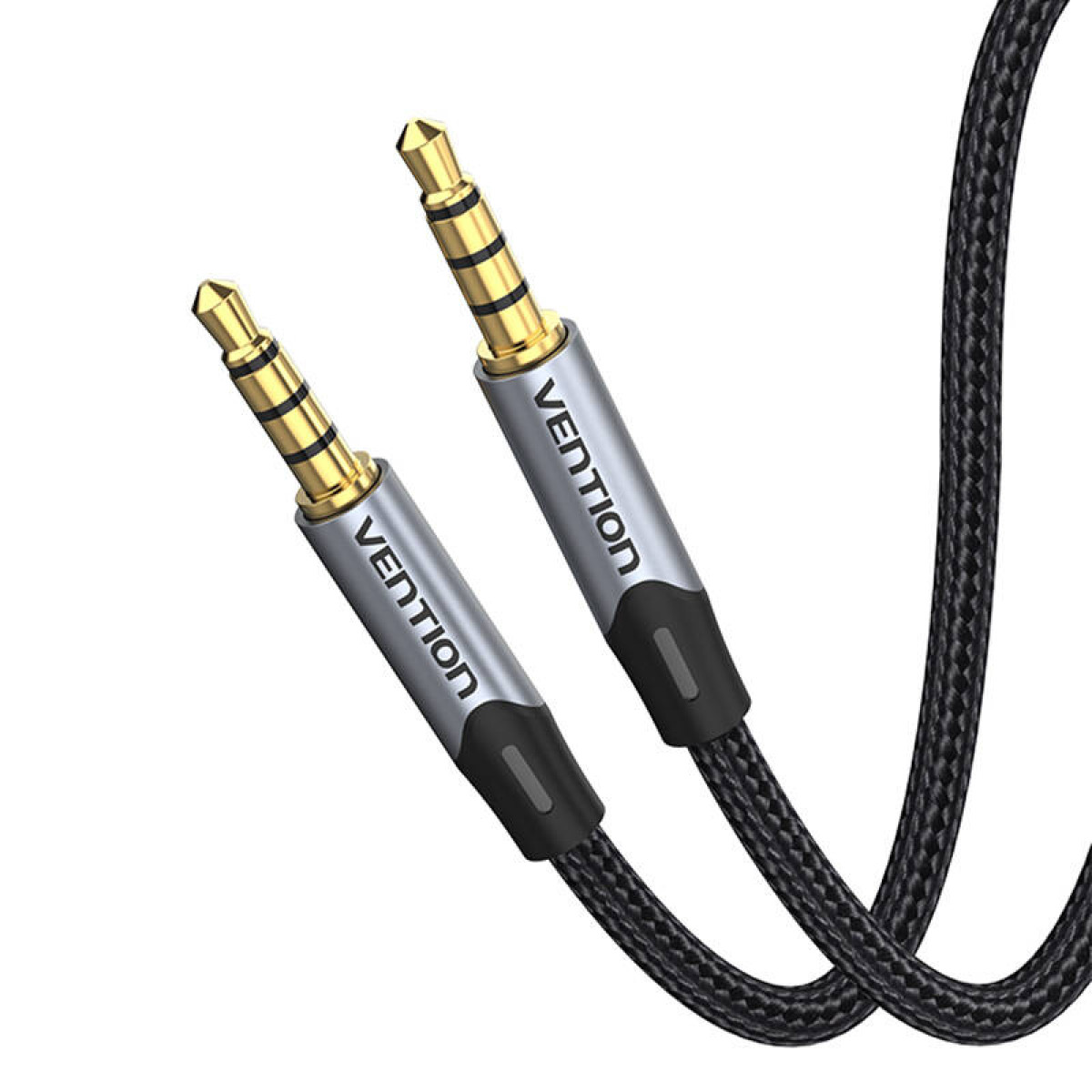 Due cavi audio con connettori placcati oro e cavi intrecciati neri. Il marchio è VENTION.