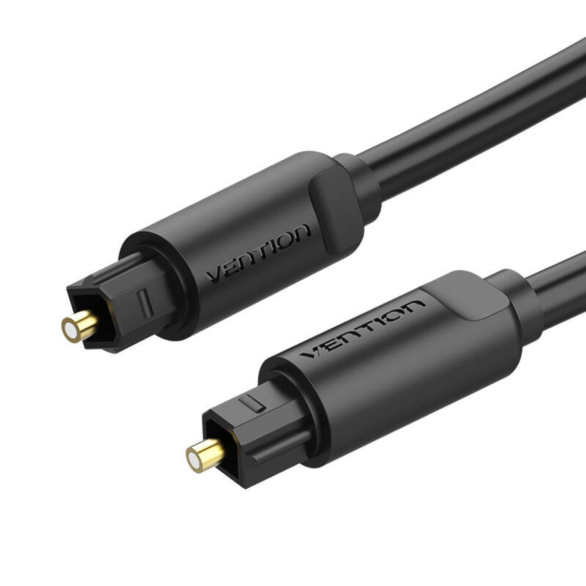 Dos cables de audio ópticos negros con la marca VENTION. Los conectores son negros con puntas doradas.