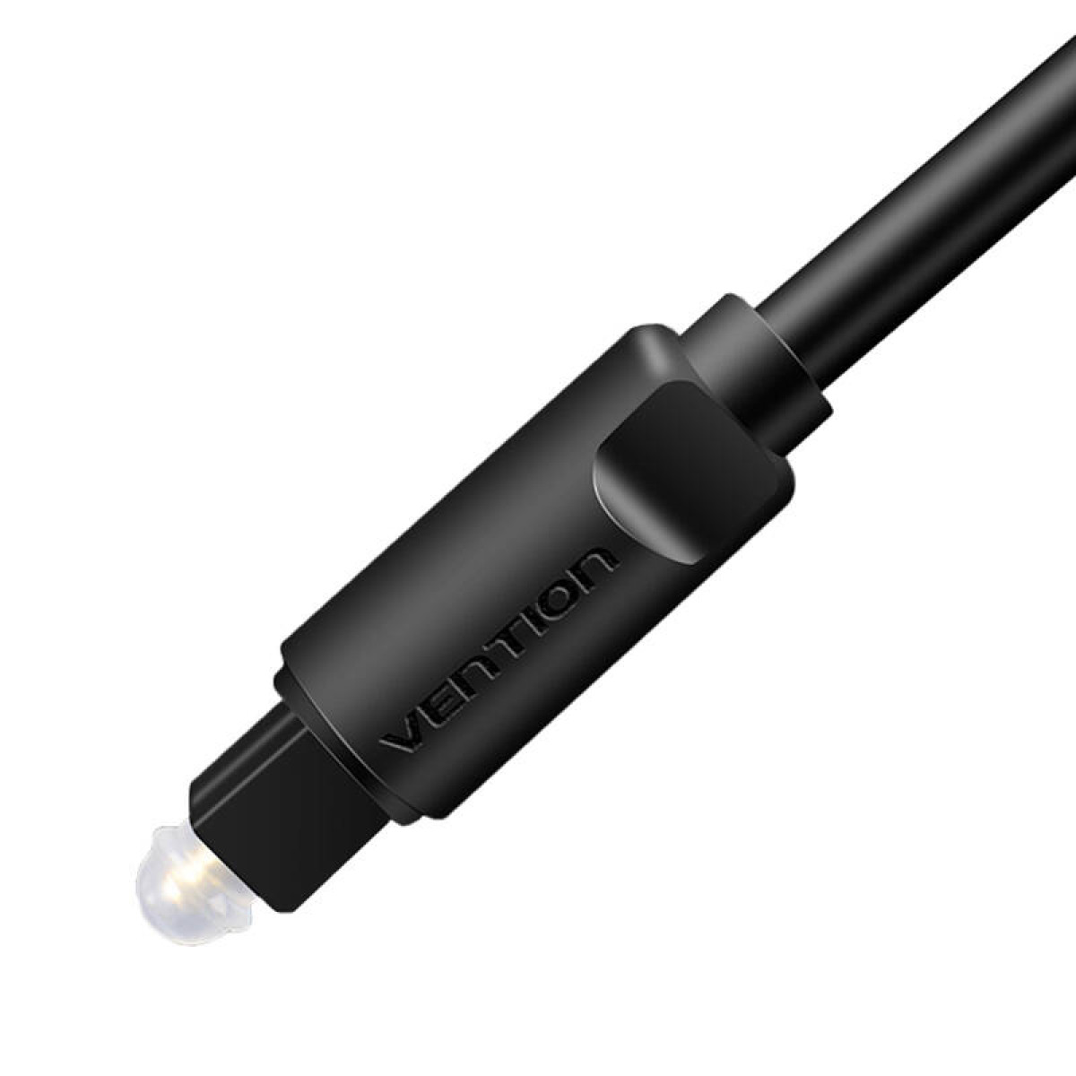 Un cable de audio óptico negro con la marca VENTION. El conector es negro con punta transparente emisora ​​de luz.