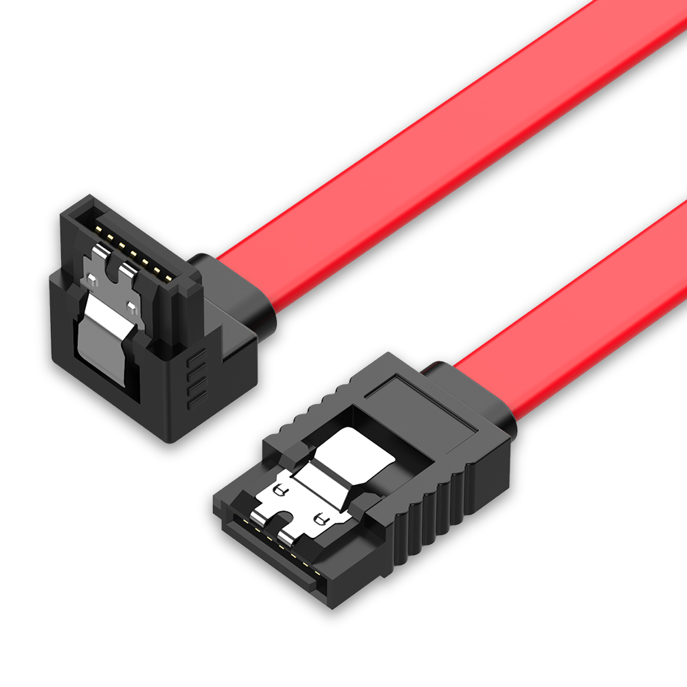 Un cavo SATA rosso con connettori neri. I connettori sono angolati a 90 gradi.