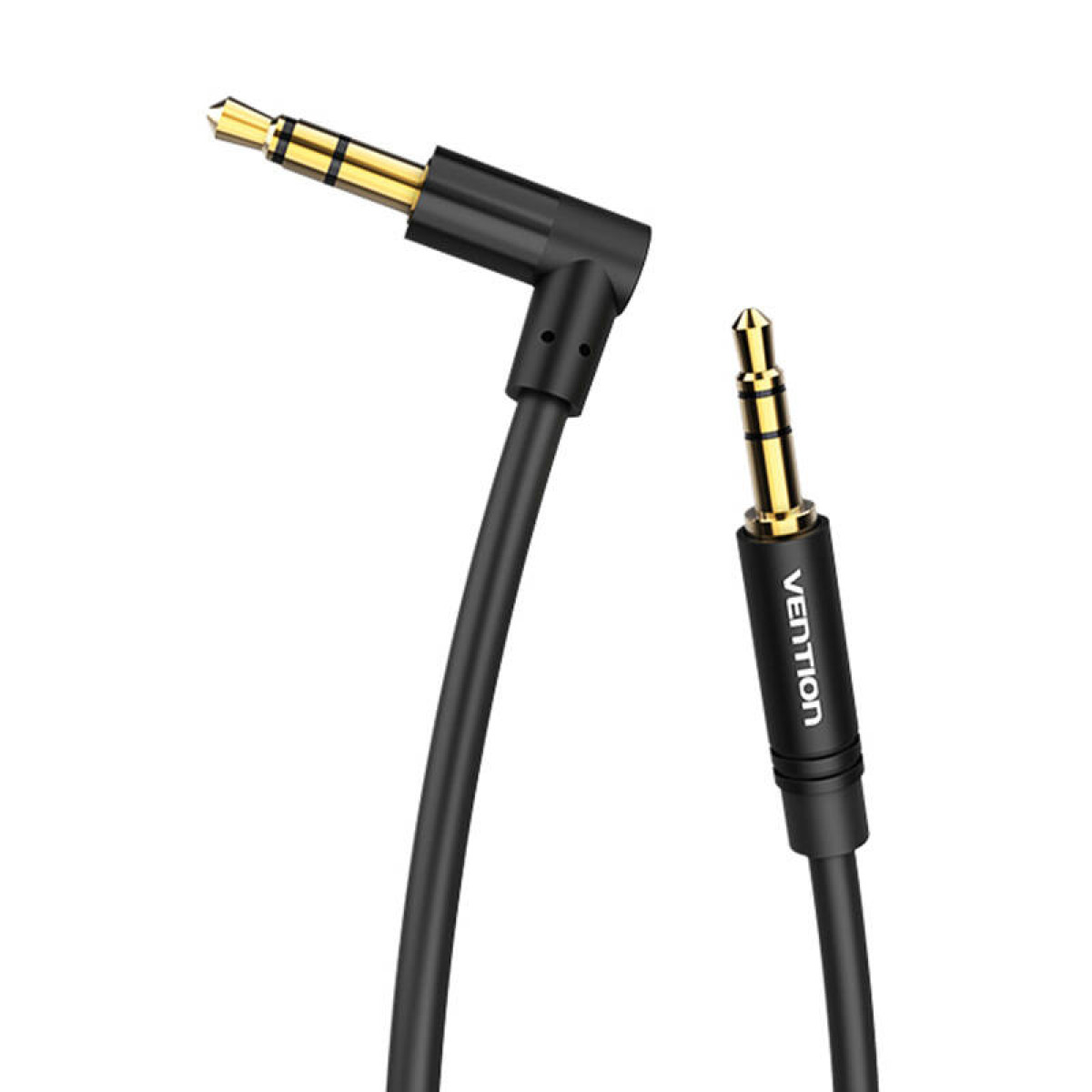 Un cavo audio con connettore placcato oro e cavo nero. Ha un connettore angolato a 90 gradi.