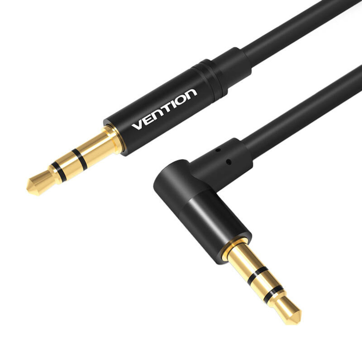 Un cavo audio con connettori placcati oro e cavo nero. Un connettore è ad angolo di 90 gradi.