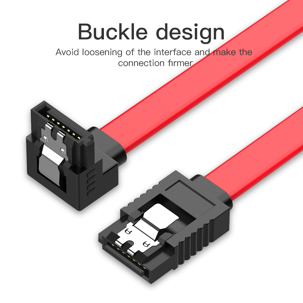 Primo piano di un cavo SATA rosso con connettori neri. I connettori hanno un design a fibbia.