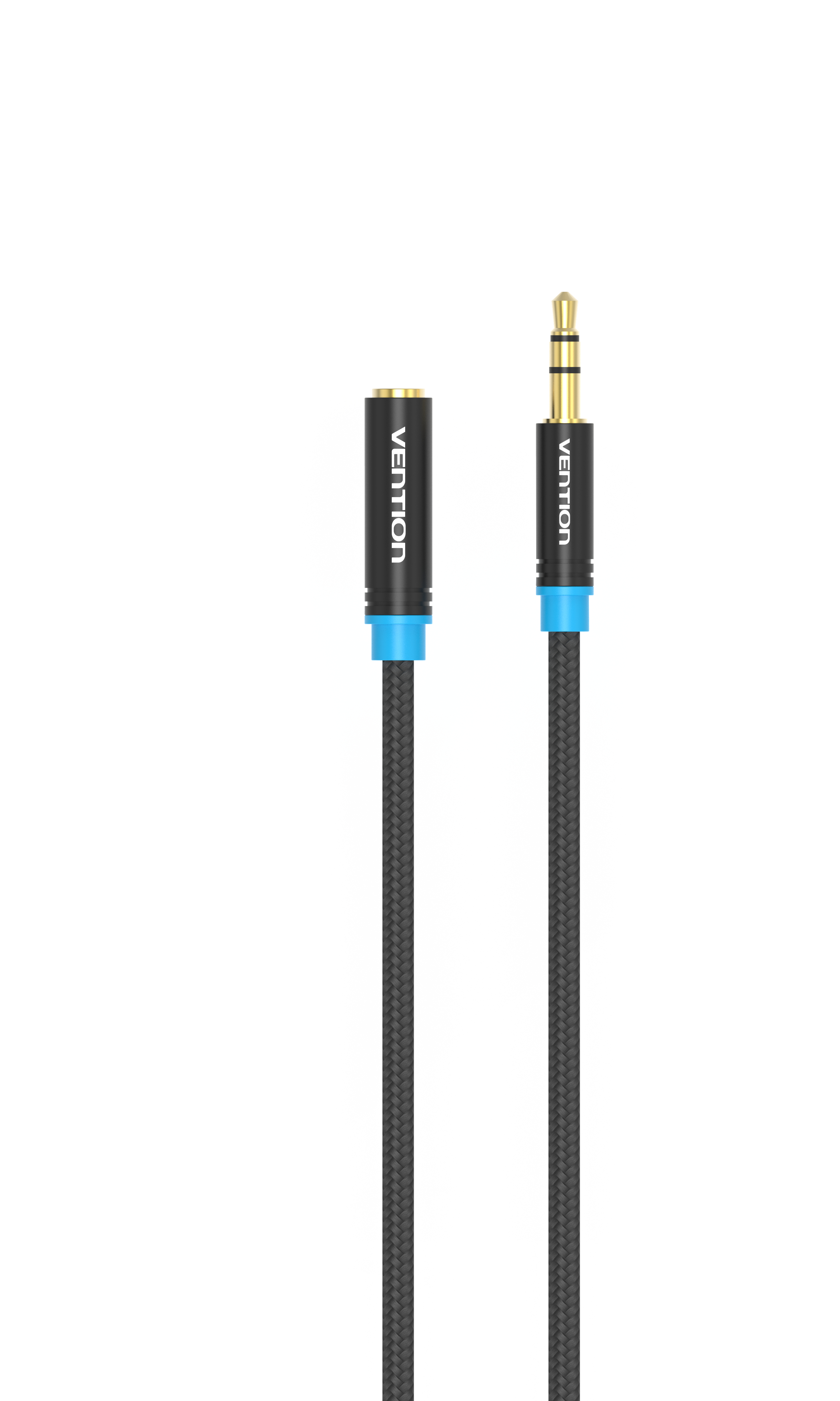 Cavo audio nero con jack da 3,5 mm e connettore femmina da 3,5 mm. 'Vention' è scritto sui connettori.