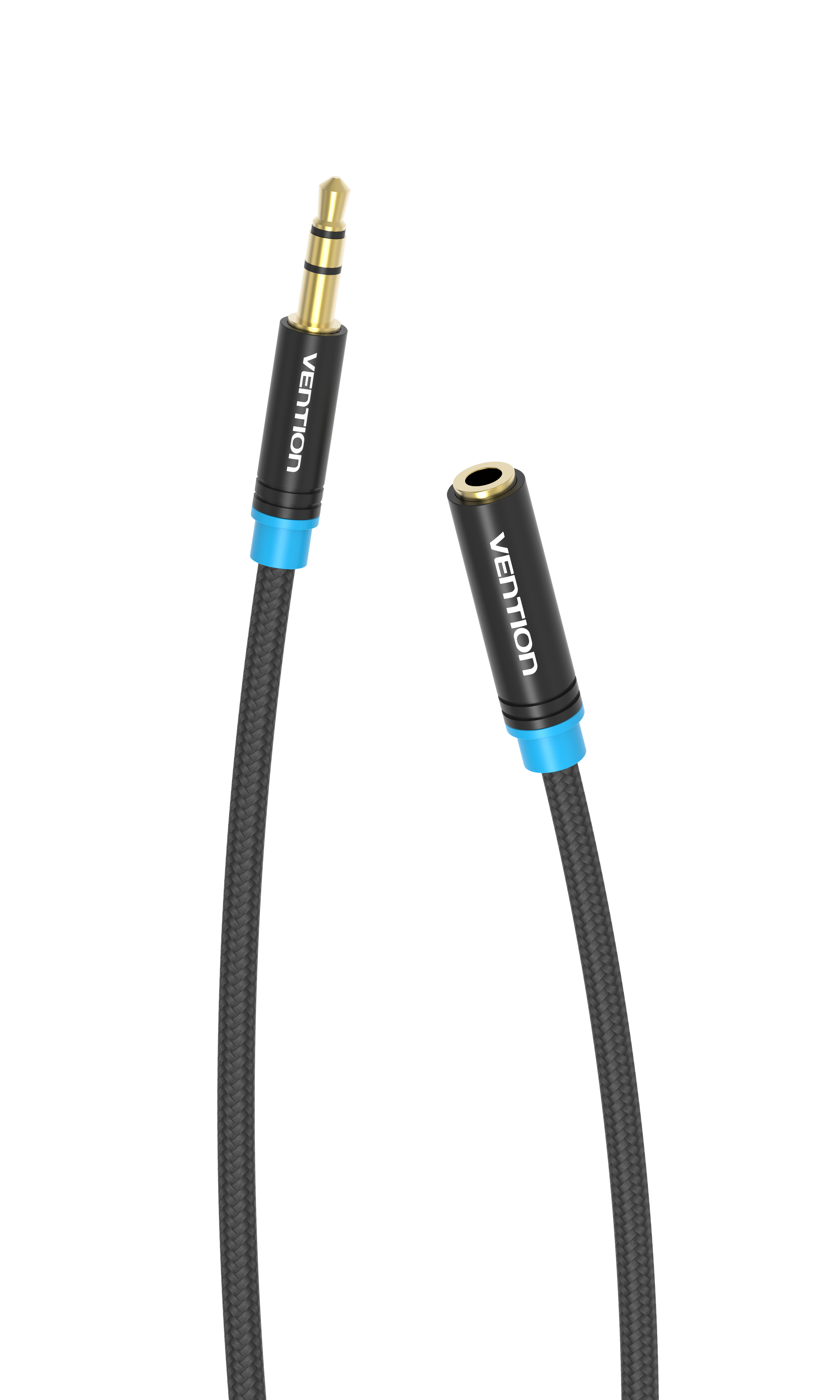 Cavo audio nero con jack da 3,5 mm e connettore femmina da 3,5 mm. 'Vention' è scritto sui connettori.