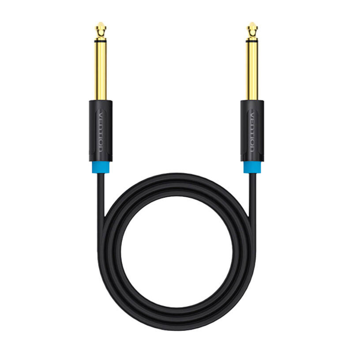 Cable de guitarra negro con dos conectores de 6,35 mm. El cable está enrollado. 'Vention' impreso.