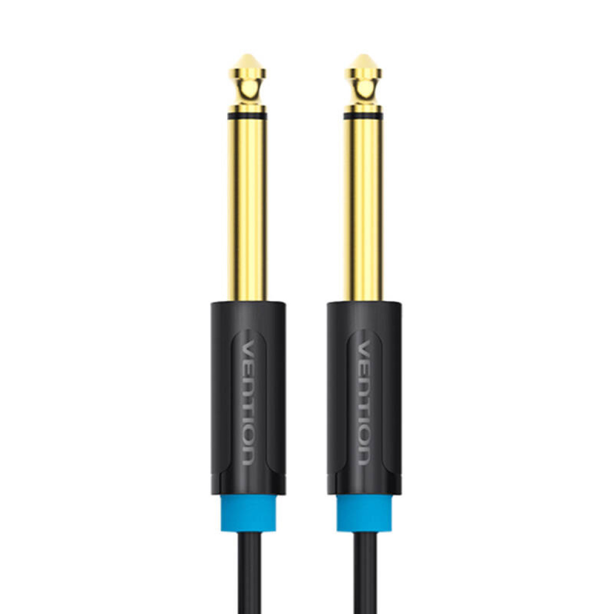 Dos conectores de 6,35 mm conectados con un cable negro. La palabra 'Vention' está impresa.