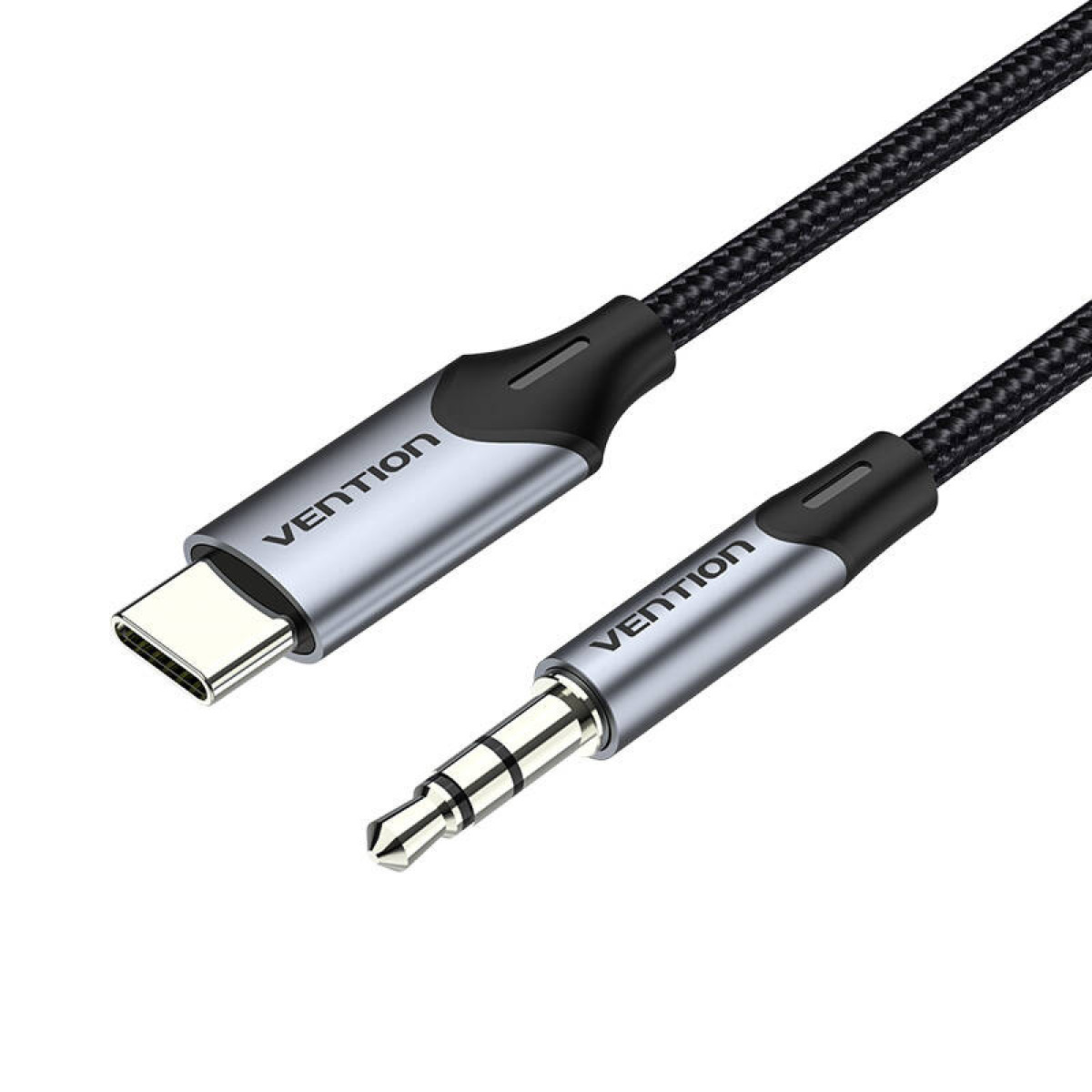 Cable trenzado negro con conectores USB-C y jack de audio, texto VENTION.