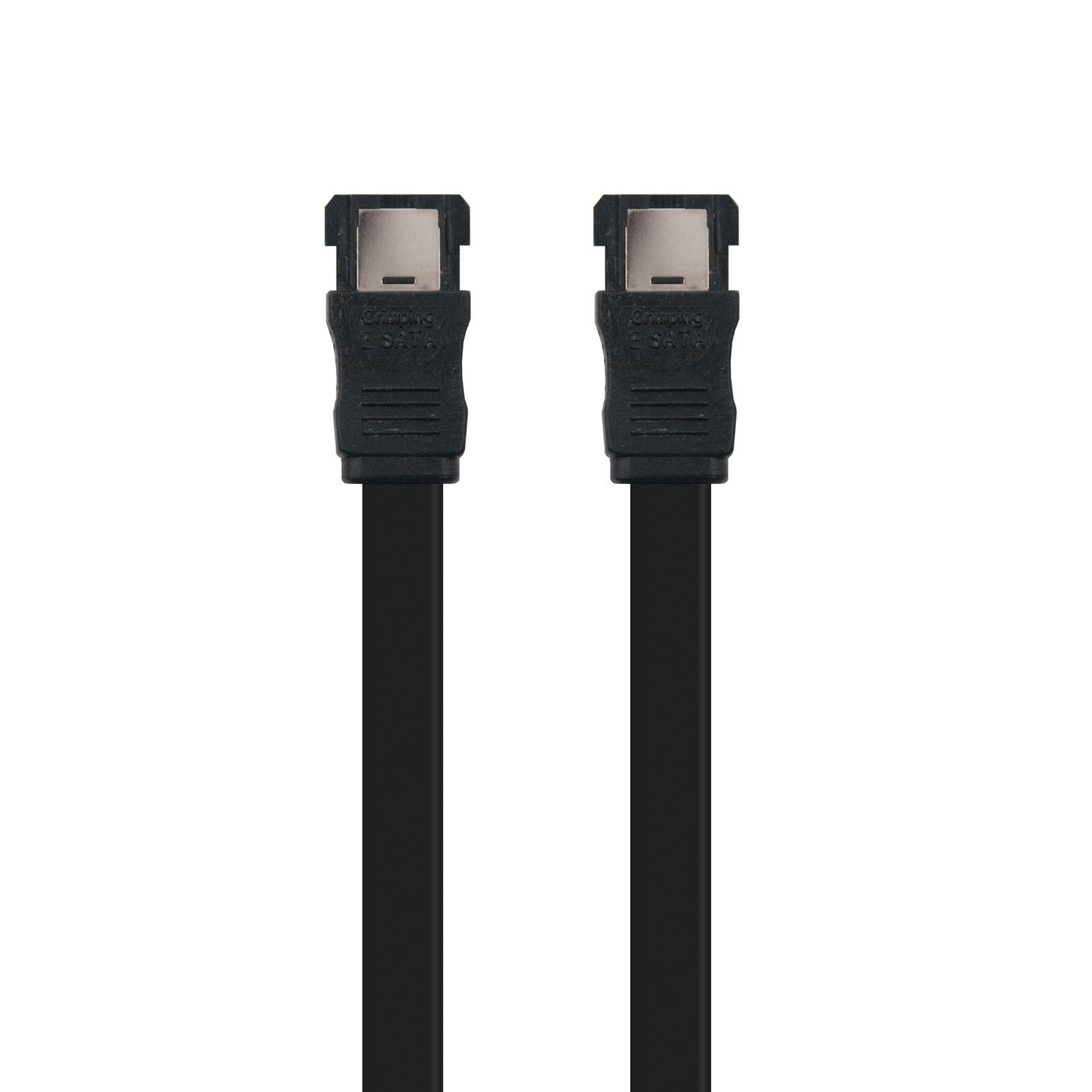 Twee zwarte SATA-kabelconnectoren met zwarte kabels. De achtergrond is wit.
