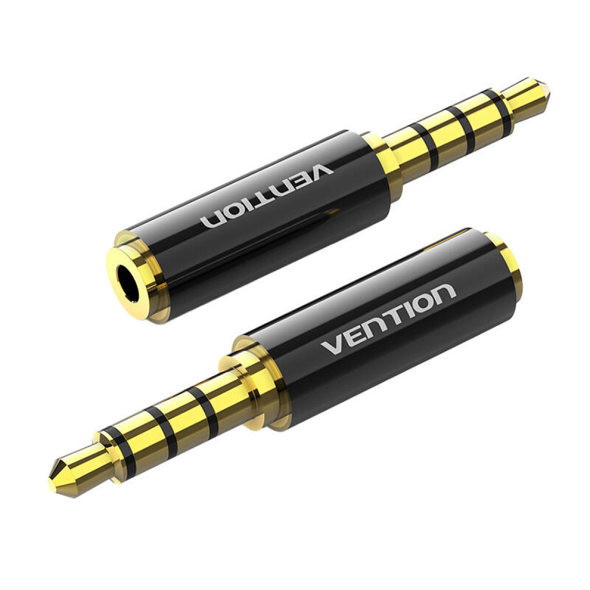 Adaptadores de auriculares negros y dorados con texto 'Vention'. Fondo blanco.