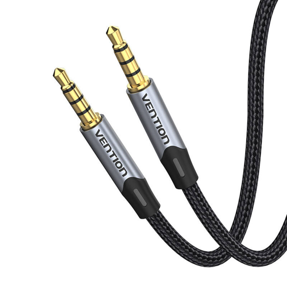 Due cavi audio jack. Cavo argento e nero con connettori dorati e la parola VENTiON.