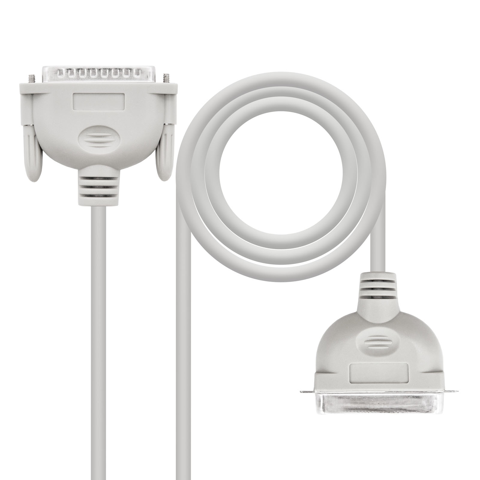 Cavo bianco con due connettori. Uno con pin e uno con fori. Sfondo bianco.