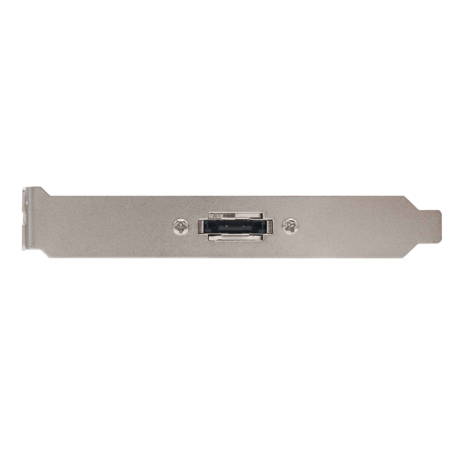 Un componente de computadora plateado con un puerto USB. El componente tiene orificios de montaje y un tornillo.
