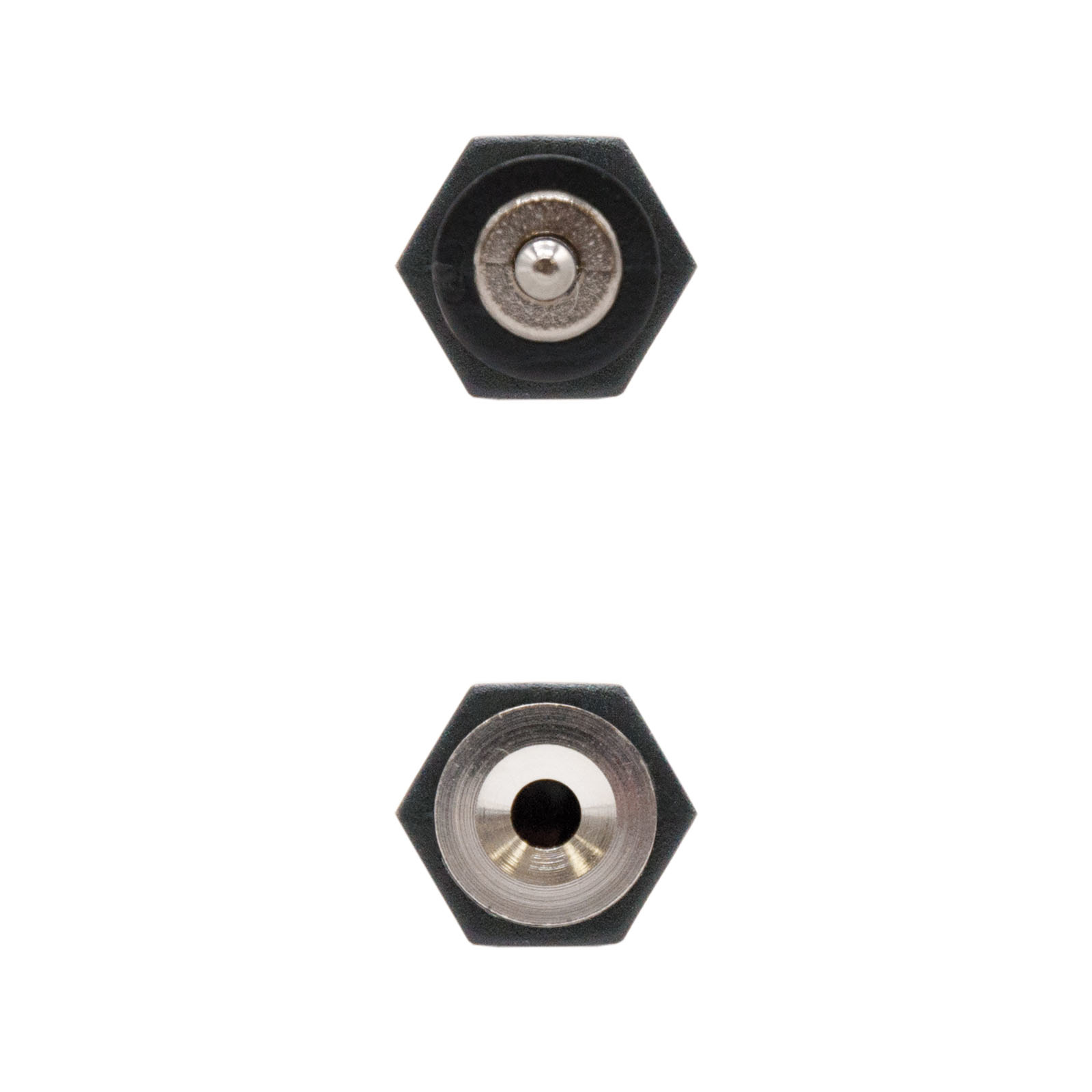 Dos conectores negros y plateados sobre fondo blanco. Base hexagonal.