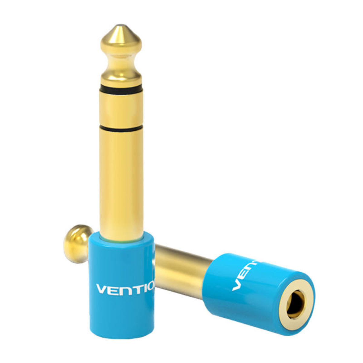 Dos adaptadores de conector de audio dorados y azules. Uno está de pie, el otro tumbado.