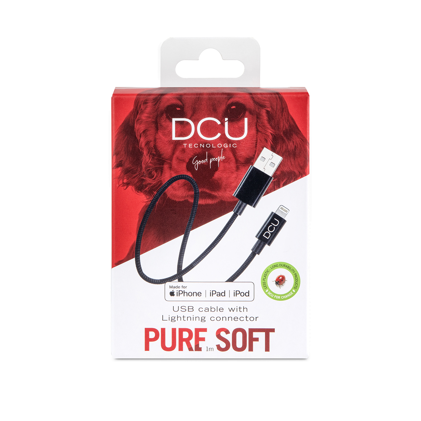 Caja con cable USB negro con conector Lightning. Fondo blanco y rojo.