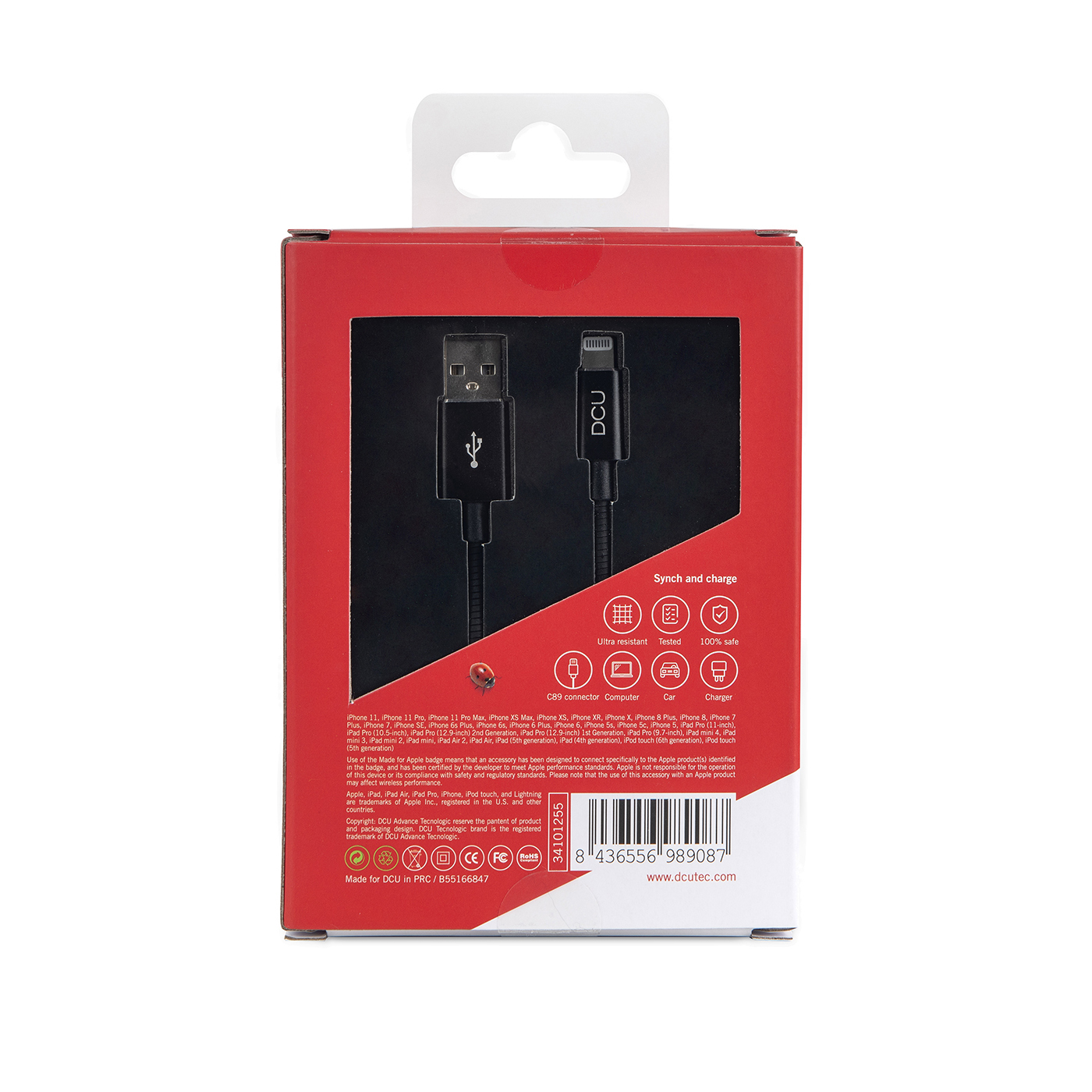 Cable USB-C negro en una caja roja y negra. La caja tiene la marca 'DCU'.