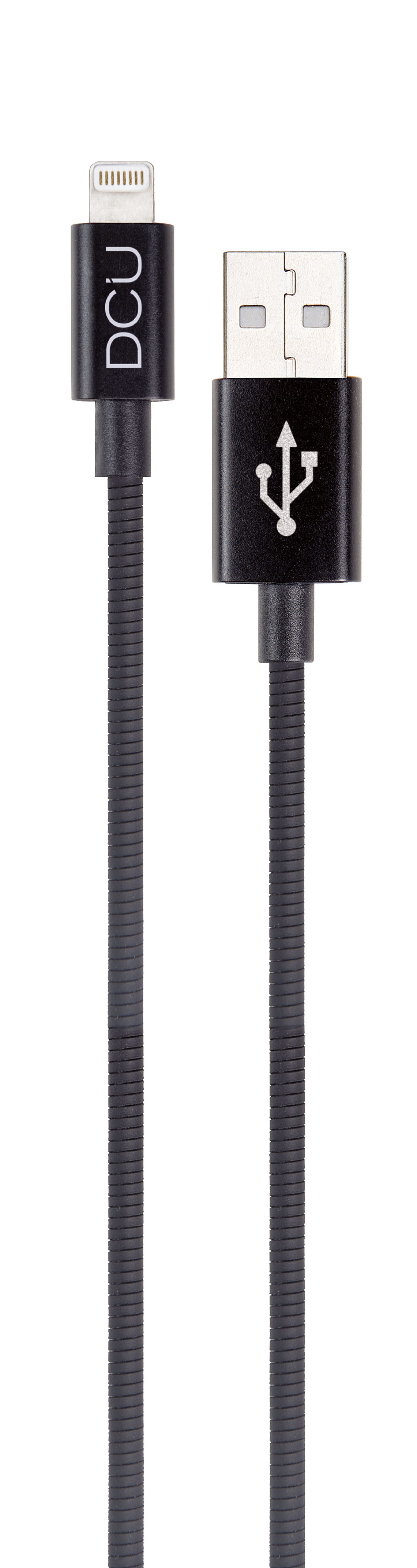 Cable negro con conectores Lightning y USB. USB tiene símbolo y la marca 'DCU'.