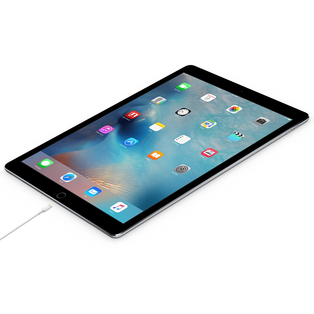 Czarny iPad z podłączonym kablem Lightning. Ekran wyświetla ikony aplikacji.